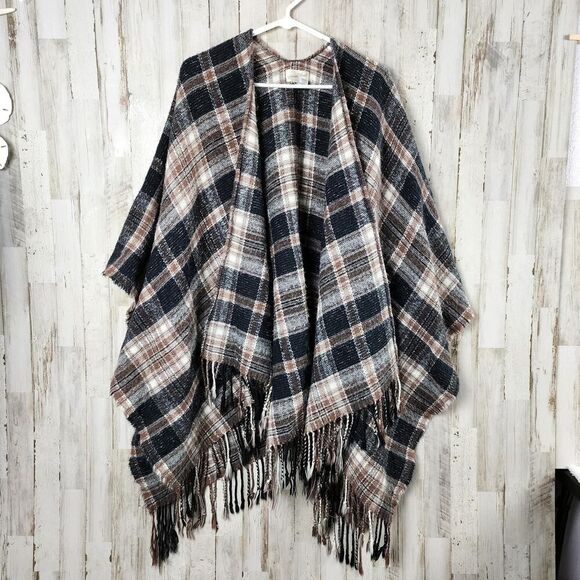 Universal Thread Plaid Fringe Shawl Black Brown OSFM - Picture 2 of 11